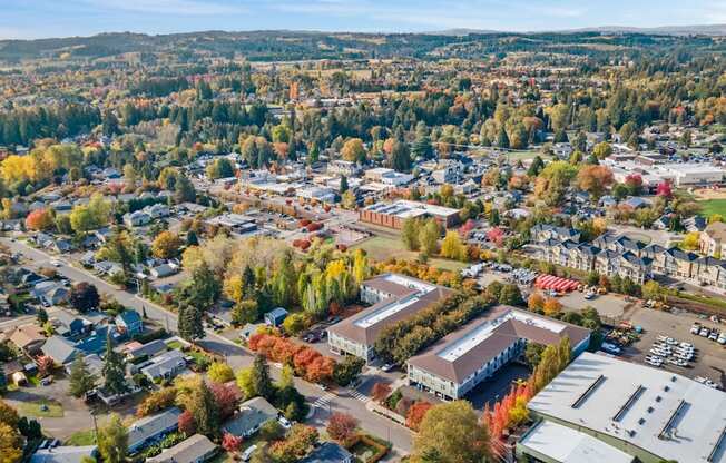 A small town with a mix of residential and commercial buildings.