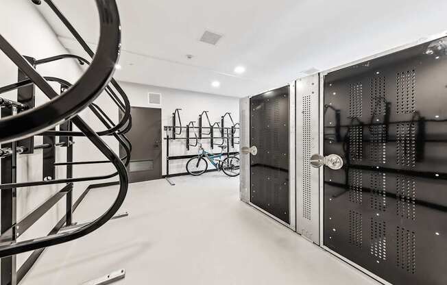A bike room with storage at Preston Ridge, Cary NC