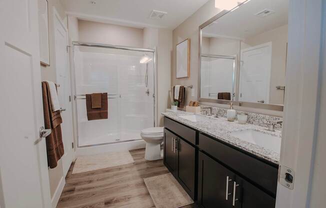 Primary bathroom with double skin, toilet, linen closet and walk-in shower.