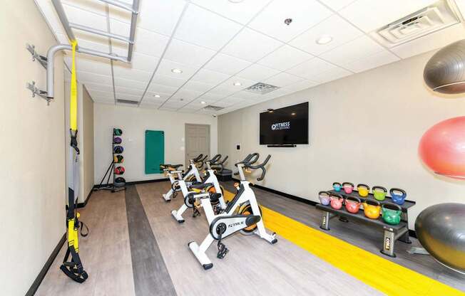 A gym with a row of exercise bikes and a row of dumbbells.at Park at Forest Hill, Memphis Tennessee