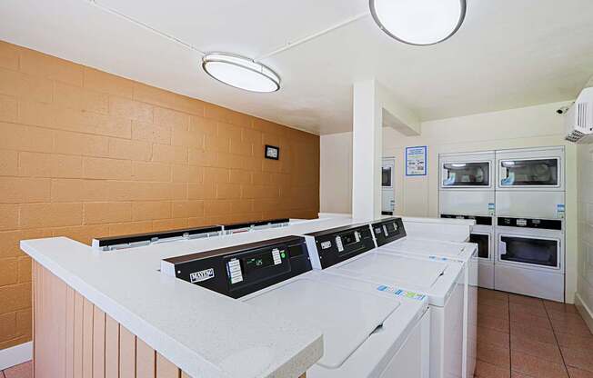 A row of white ovens are lined up in a room.