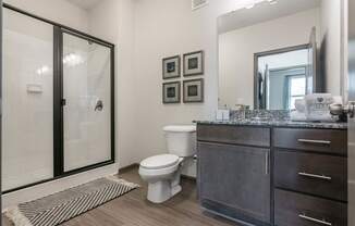 a bathroom with a shower and a toilet and a sink at Village at Westland Cove Apartments, Tennessee, 37922