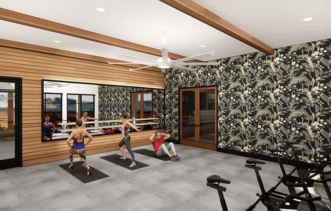 A group of people exercising in a room with a wallpapered wall.
