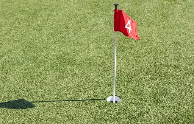 A red flag with the number 4 on it is stuck in the ground.