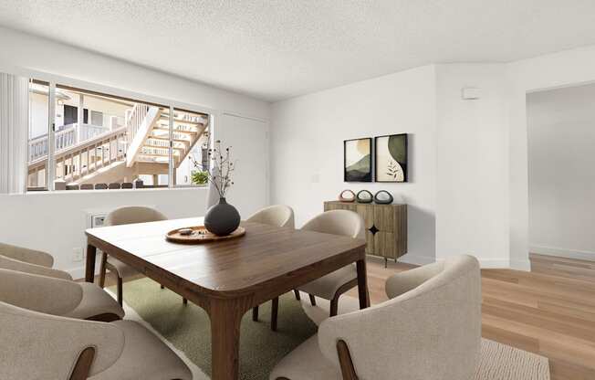 A dining room with a wooden table and chairs.
