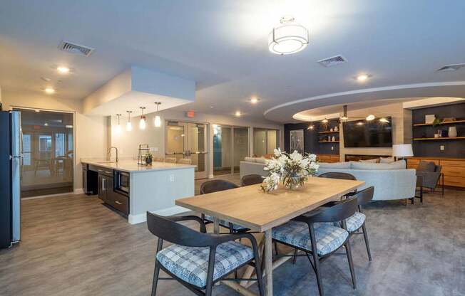 A large dining area with a communal table, ideal for hosting events or gatherings.
