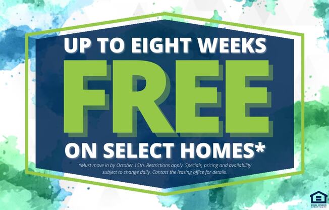 a sign that says free on select homes with a blue and green background
