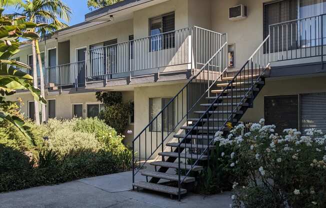 Innear courtyard stairway to second floor apartments at Los Robles in Pasadena, California.