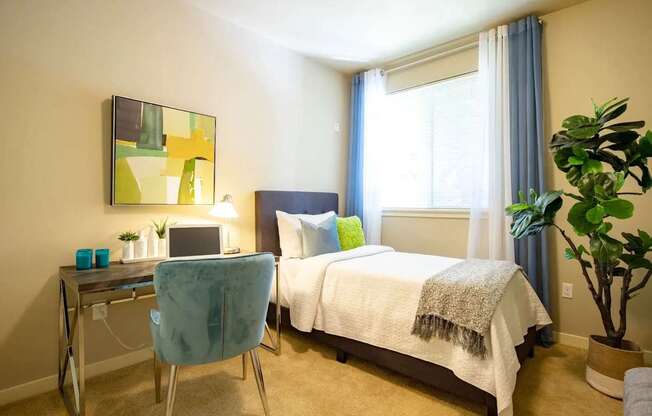 A bedroom with a bed, desk, chair, and potted plant.