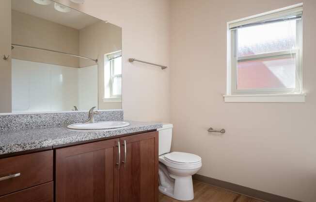 a bathroom with a toilet sink and mirror