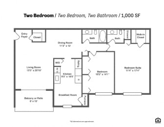 Two Bedroom Floor Plan at St. Charles at Olde Court Apartments, Maryland