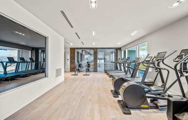 A gym with treadmills and a view of the outside.