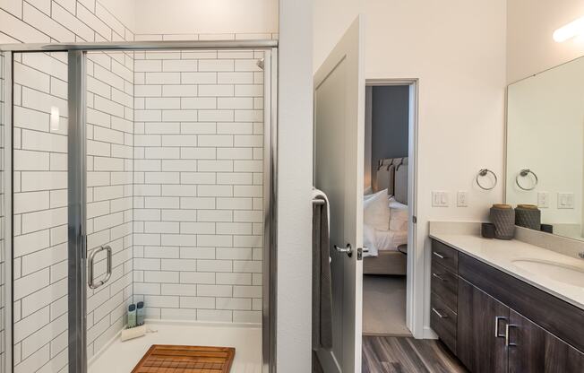 West 38 Apartments Model Shower and Bathroom Entry View