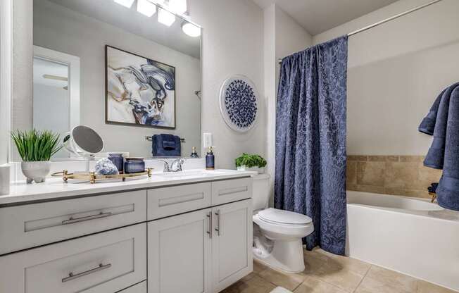 A bathroom with a white toilet and a blue shower curtain.