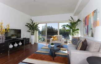 Marvelous Looking Living Room With TV at Tivalli Apartments, Lynnwood, Washington