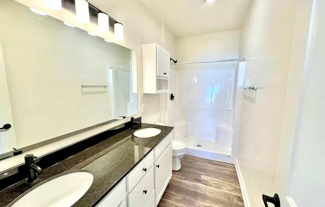 A bathroom with a sink, mirror, and wood flooring.