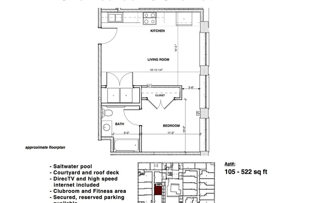 1 bed, 1 bath, 522 sqft, $1,195, Unit APT 105