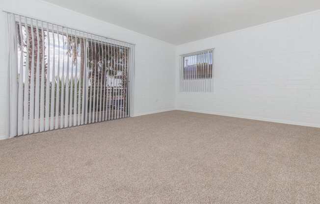A room with a carpeted floor and a window with blinds.