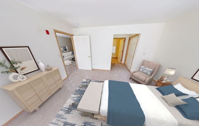 a bedroom with a bed and a chair and a dresser