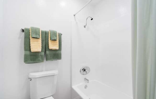 a bathroom with a shower and a toilet and towels