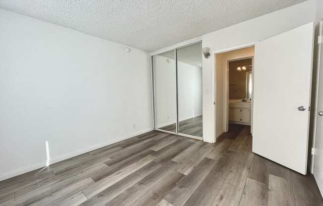 Bedroom with Hardwood Floors and Mirrored Wardrobe Closet