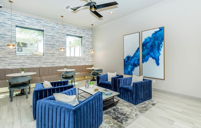blue sofa at The Paseo by Picerne, Goodyear, AZ