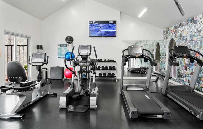 A gym with treadmills, elliptical machines, and a television screen.