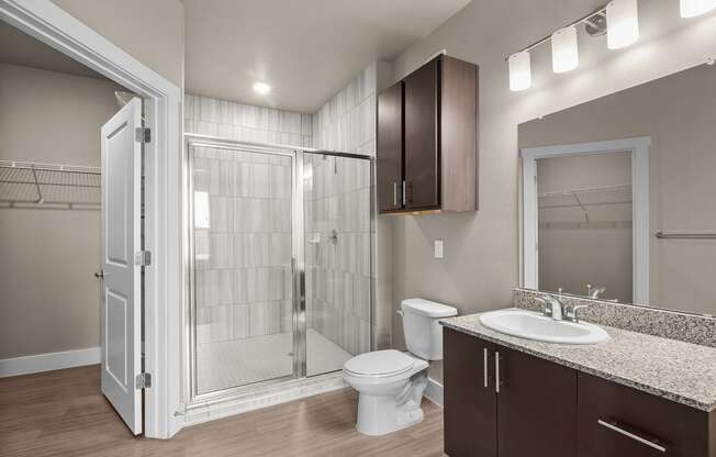 a bathroom with a shower toilet and sink and a mirror