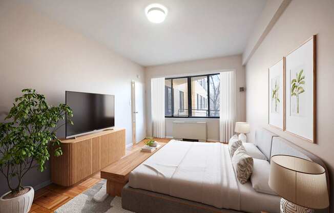 A modern bedroom with a large bed, a television, and a potted plant.