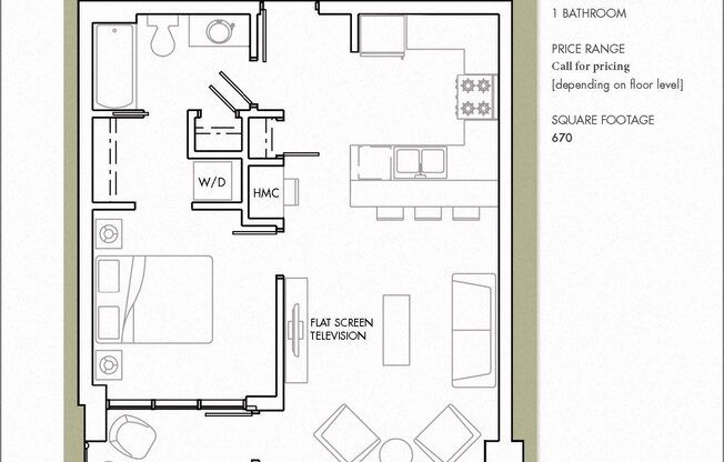 1 bed, 1 bath, 670 sqft, $1,630