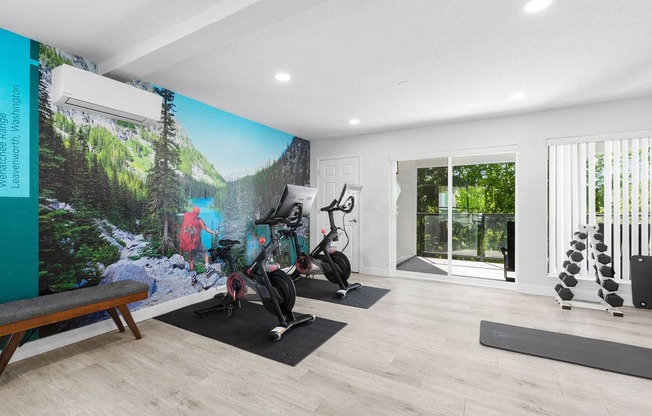 the home has a workout room with a wall mural and yoga equipment