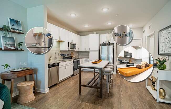 Apartments for Rent in Downtown Greenville - The Aster - Kitchen with White Cabinets, Freestanding Island, Barstools, and Appliances.