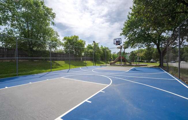 a basketball court in a park with trees