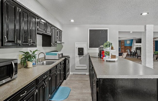 clubhouse kitchen with cabinets and a counter top