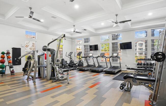the gym has plenty of exercise equipment and windows at La Ventura Apartments, Texas, 75093
