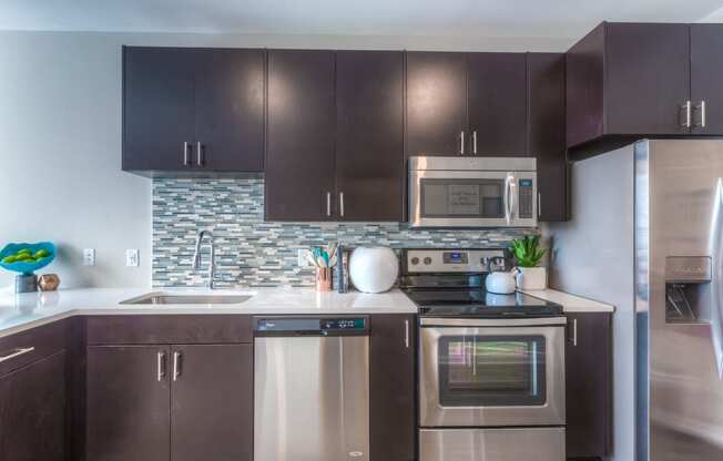 a kitchen with dark cabinets and stainless steel appliances