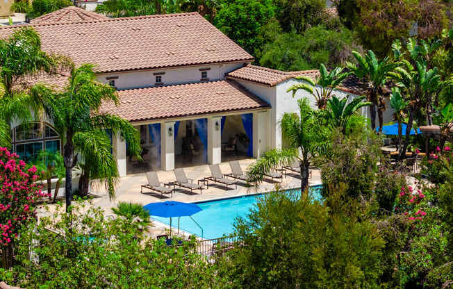 A house with a pool surrounded by greenery.