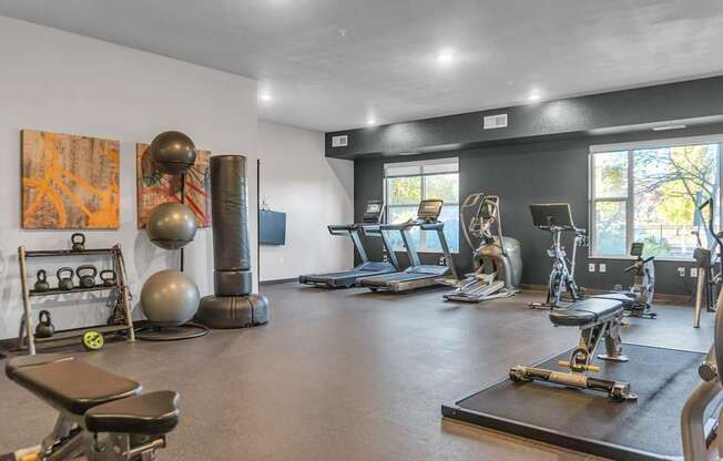 A gym with a variety of equipment including weights, a bench press, and a treadmill.