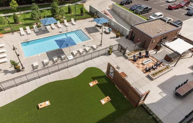 Aerial View of Pool and Patio at The McMillan Apartments in Shoreview, MN 55126