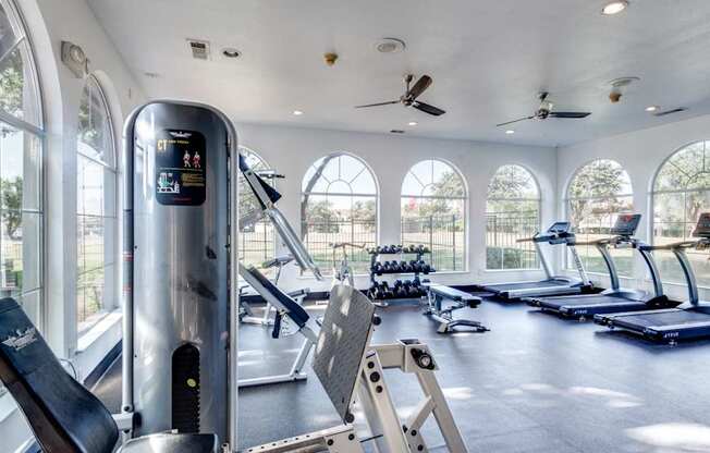 A gym with treadmills, elliptical machines, and a fan.