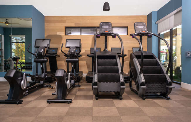 A gym with treadmills and elliptical machines.