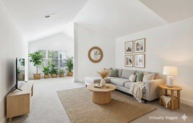A living room with a grey couch, a coffee table, and a flat screen TV.