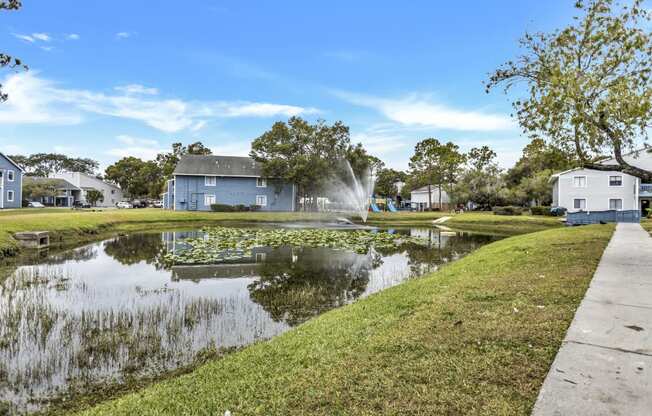 a pond with a fountain in front of a blue house