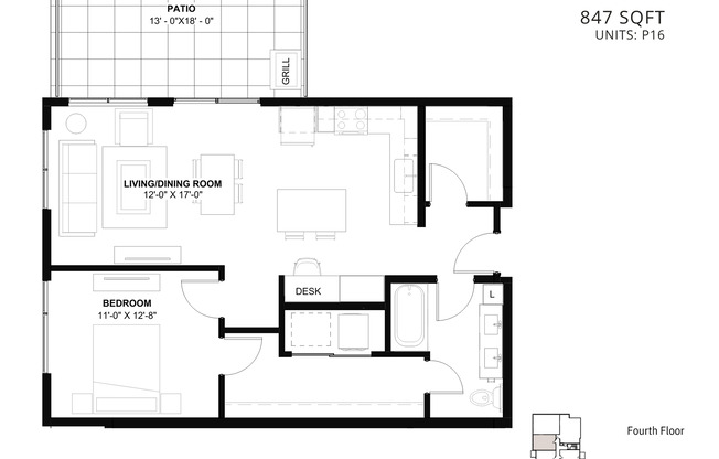1 bed, 1 bath, 847 sqft, $2,595, Unit P16