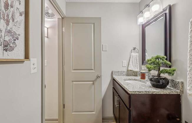 A bathroom with a sink, mirror, and a door.