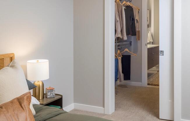 Primary bedroom with pass through closet.