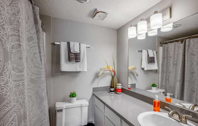A bathroom with a white toilet, sink, and a mirror.