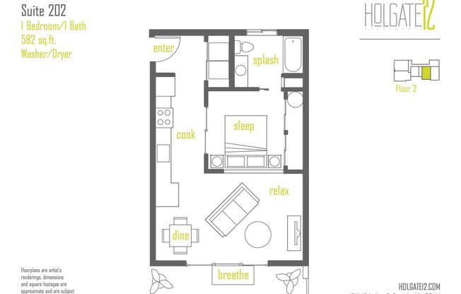 1 bed, 1 bath, 582 sqft, $1,745, Unit 202
