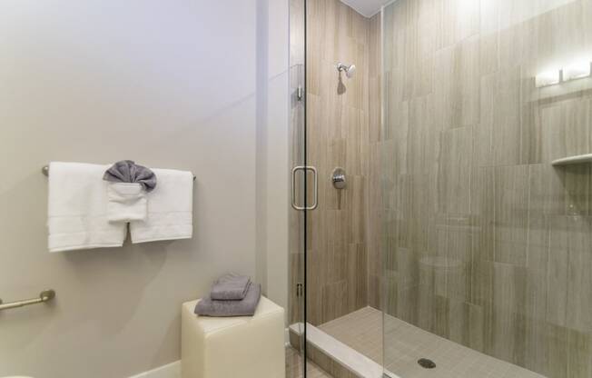 Shower in Exton apartment at Keva Flats