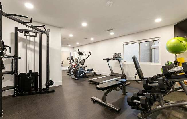 A gym with a variety of equipment including a treadmill, rowing machine, and weight machines.